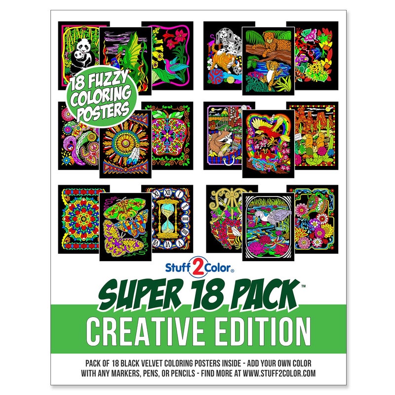 Stuff2Color Super Pack of 18 Fuzzy Velvet Coloring Posters (Creative Edition) - Great for Family Time, Arts & Crafts, Travel, Classrooms, Care Facilities [All Ages Coloring: Girls, Boys, Adults, Toddlers, Teens] - Image 1